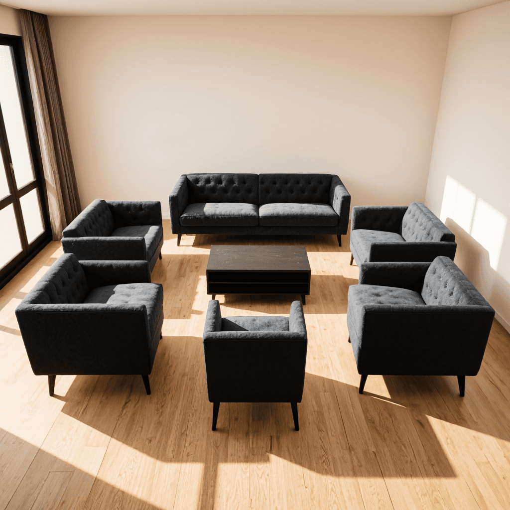 product photography of set of upholstered sofas and armchairs for living room use