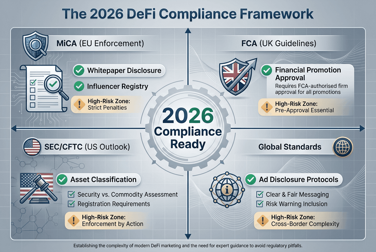 Infographic showing the 2026 regulatory compliance checklist for DeFi influencers including MiCA, FCA, and SEC guidelines for crypto marketing.