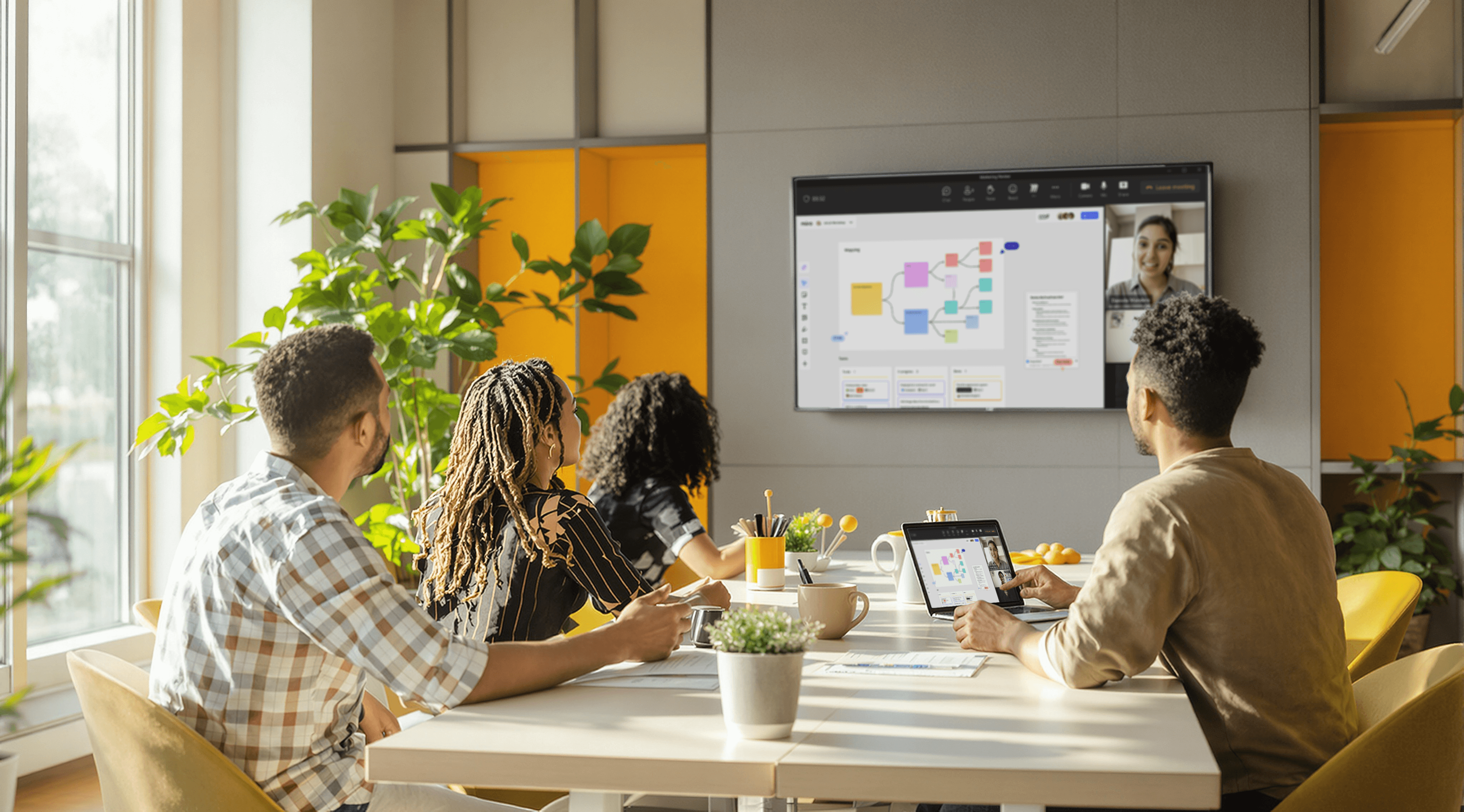 A meeting in a conference room using Miro