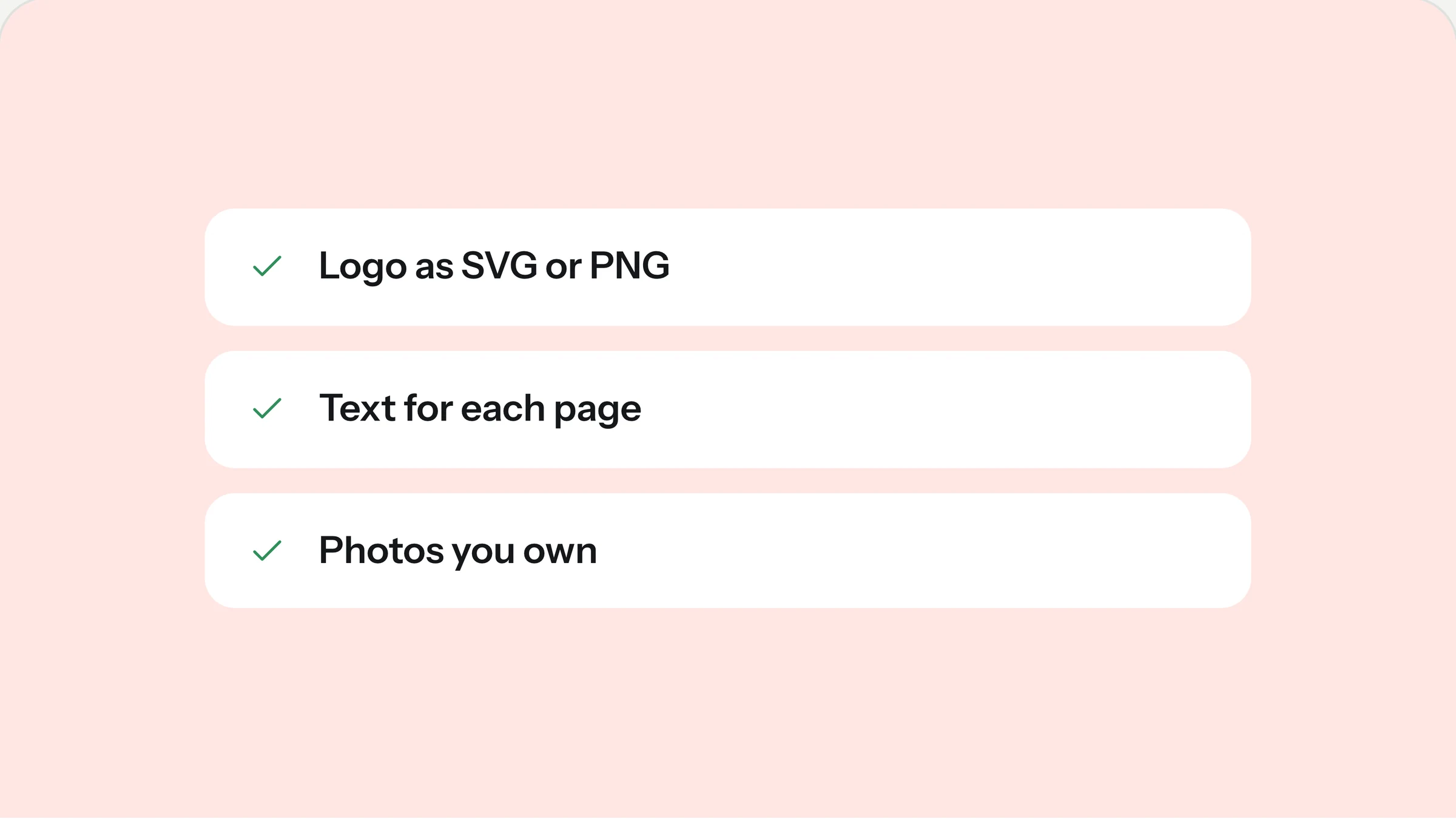Checklist: logo as SVG or PNG, text for each page, photos you own