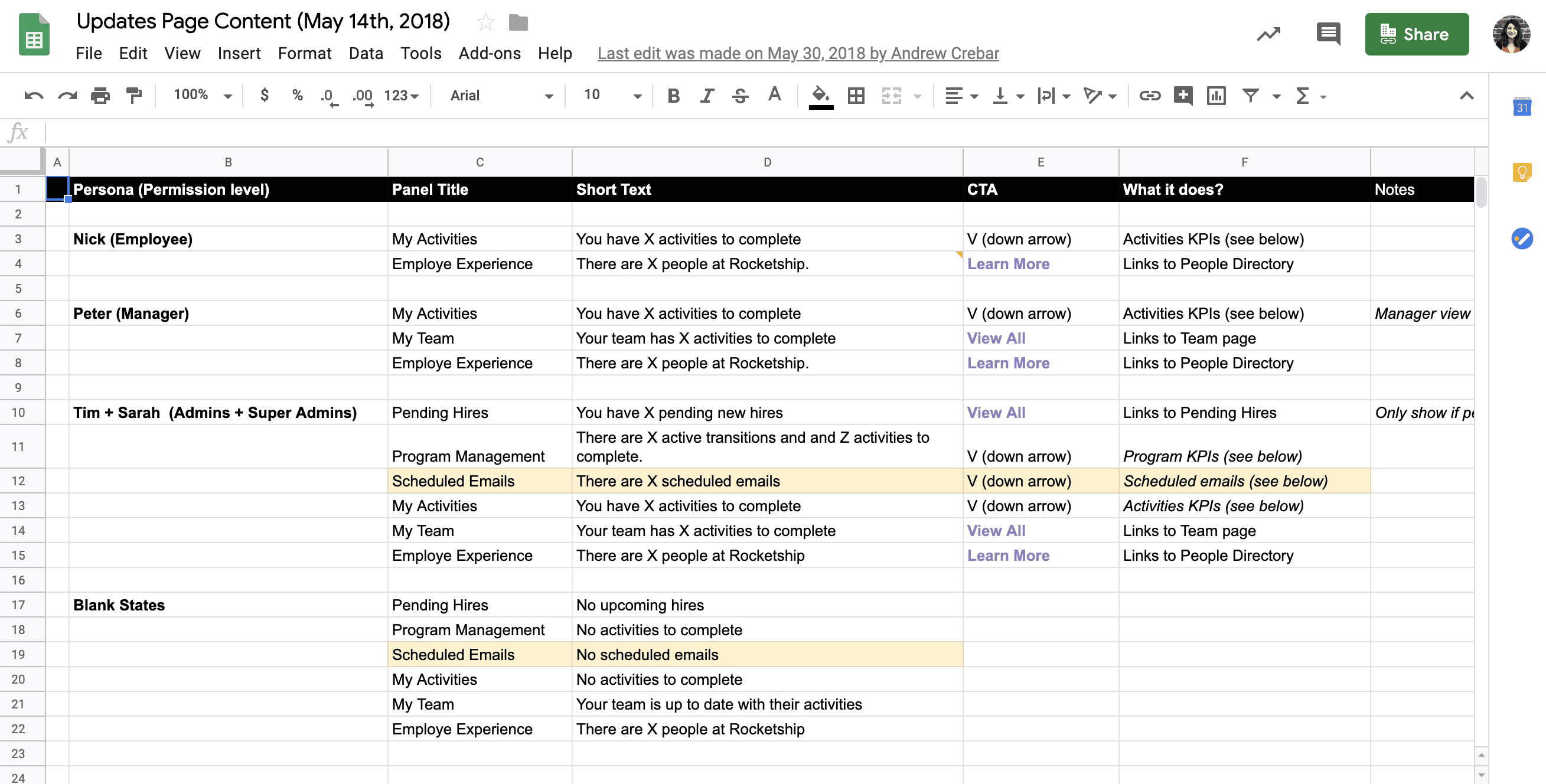 Updates Page content taxonomy spreadsheet