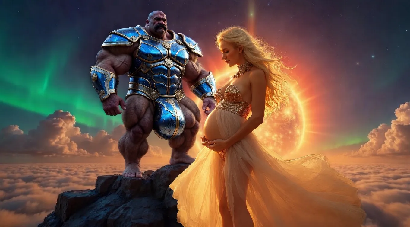 Pregnant Aurora and Rex in blue armor, aurora borealis sky