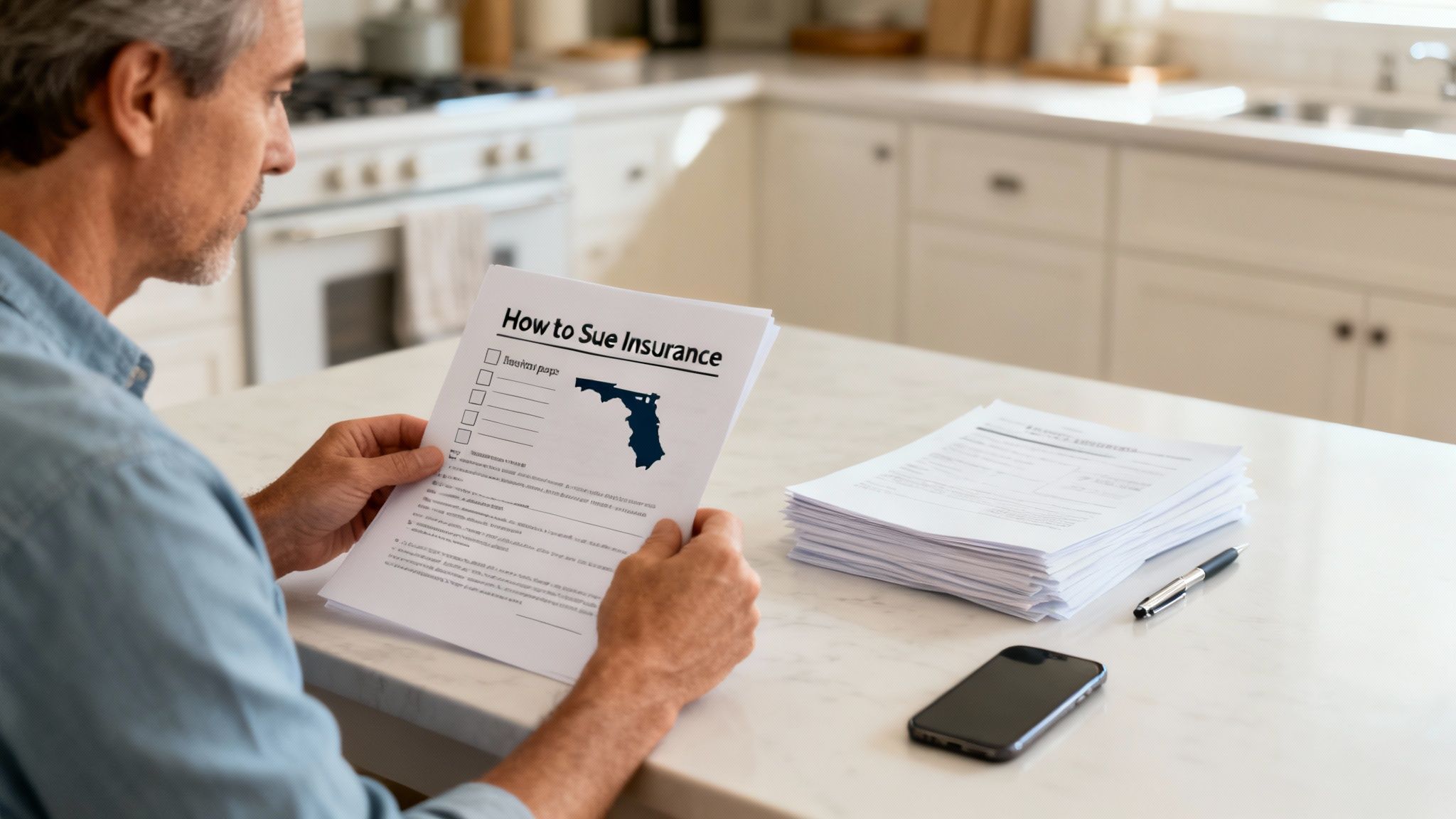 A man reads documents titled 'How to Sue Insurance' featuring a Florida map at a kitchen table.