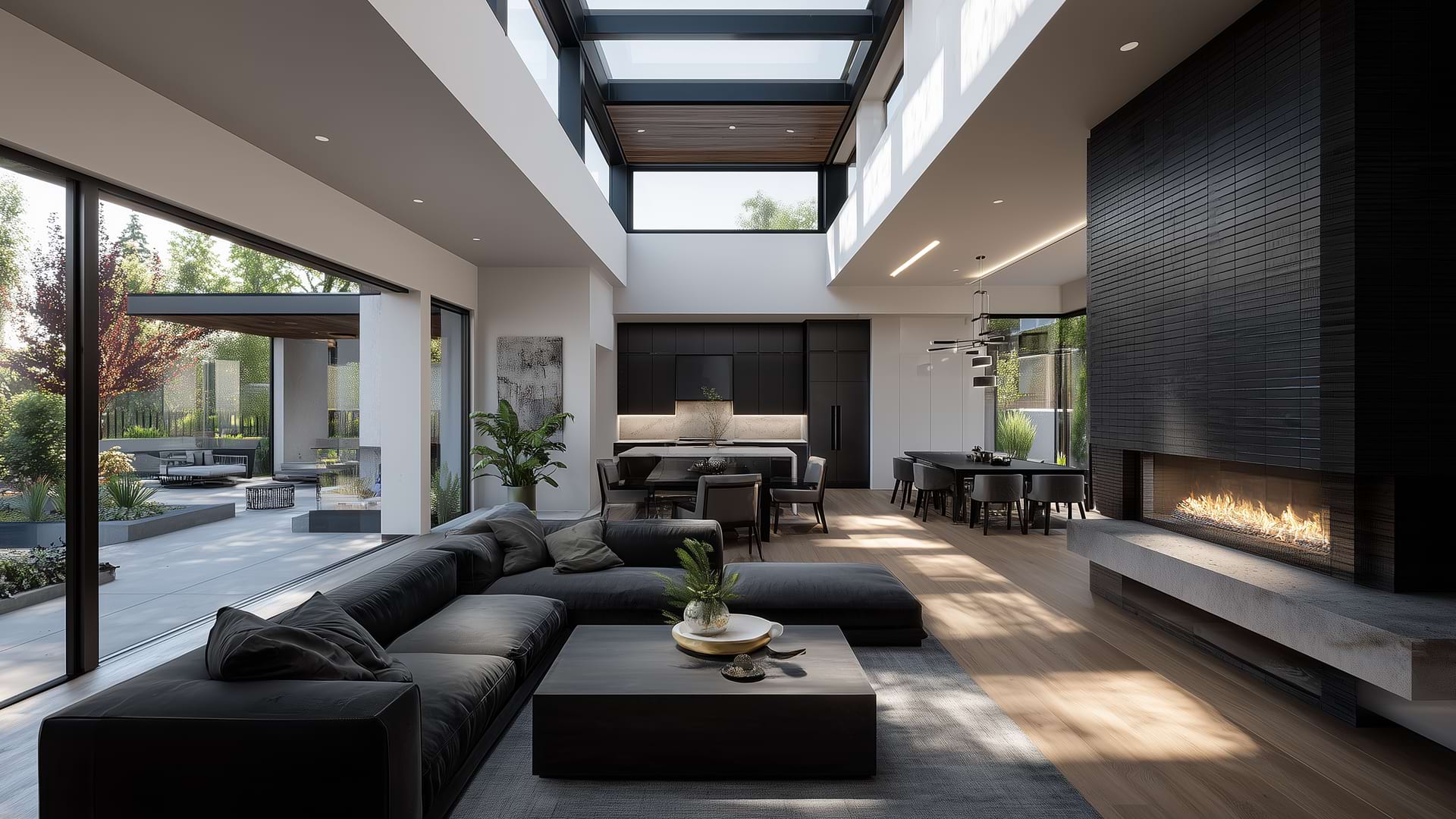 Modern open-concept living room with large windows, dark furniture, a sleek fireplace, and skylights. Bright, airy space with outdoor view.