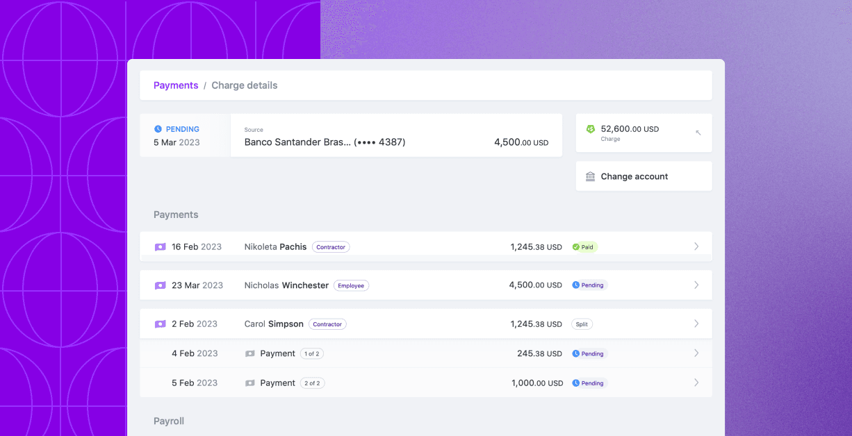 A screenshot of the Charge details page, showing a list of pending and paid charges.