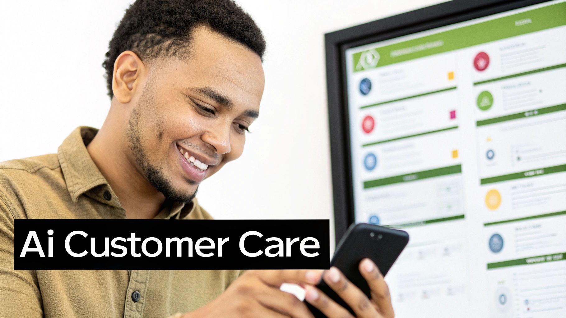 A smiling man engages with his smartphone, with a blurred screen in the background displaying data, and 'Ai Customer Care' text overlay.