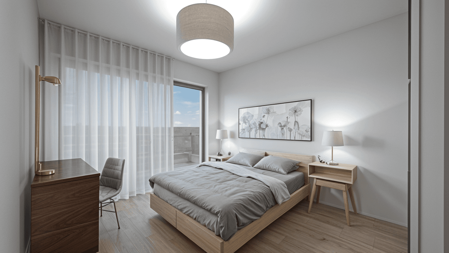 Rendered bedroom view in a two-bedroom apartment with minimalist decor, natural light, and a neutral color palette.