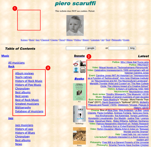 Annotated screenshot pointing out where the specific issues are. Labeled #1 is a red rectangle simply highlighting the patterned background of the website. Labeled #2 is a rectangle highlighting a bunch of text that is aligned to the right. Labeled #3 is a rectangle highlighting a bunch of linked text