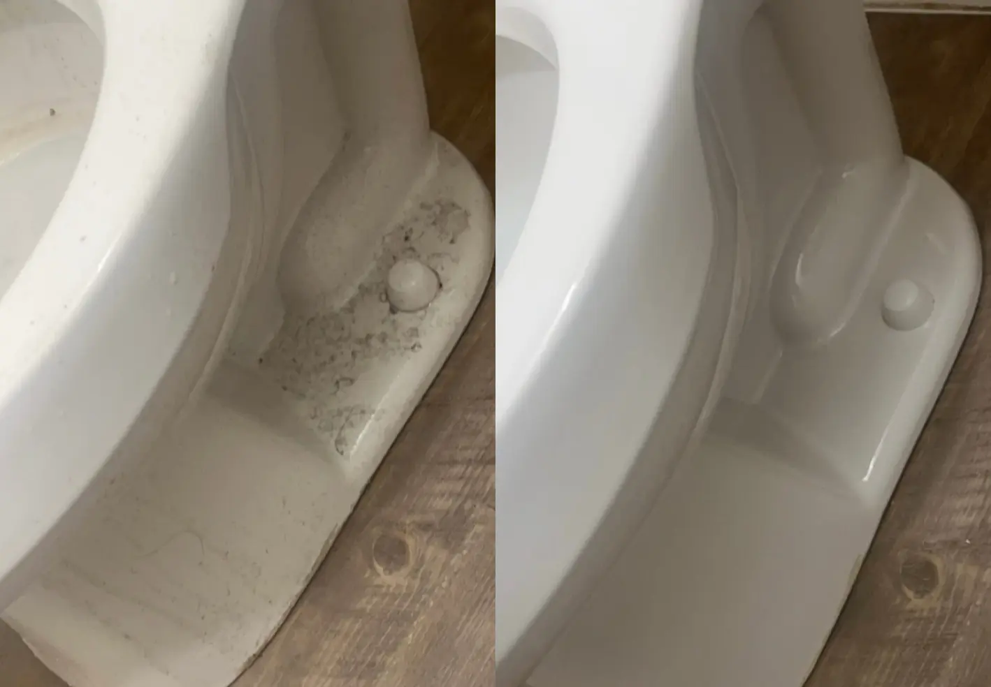 Before and after of a professional deep clean reaching a hard spot on a toilet.
