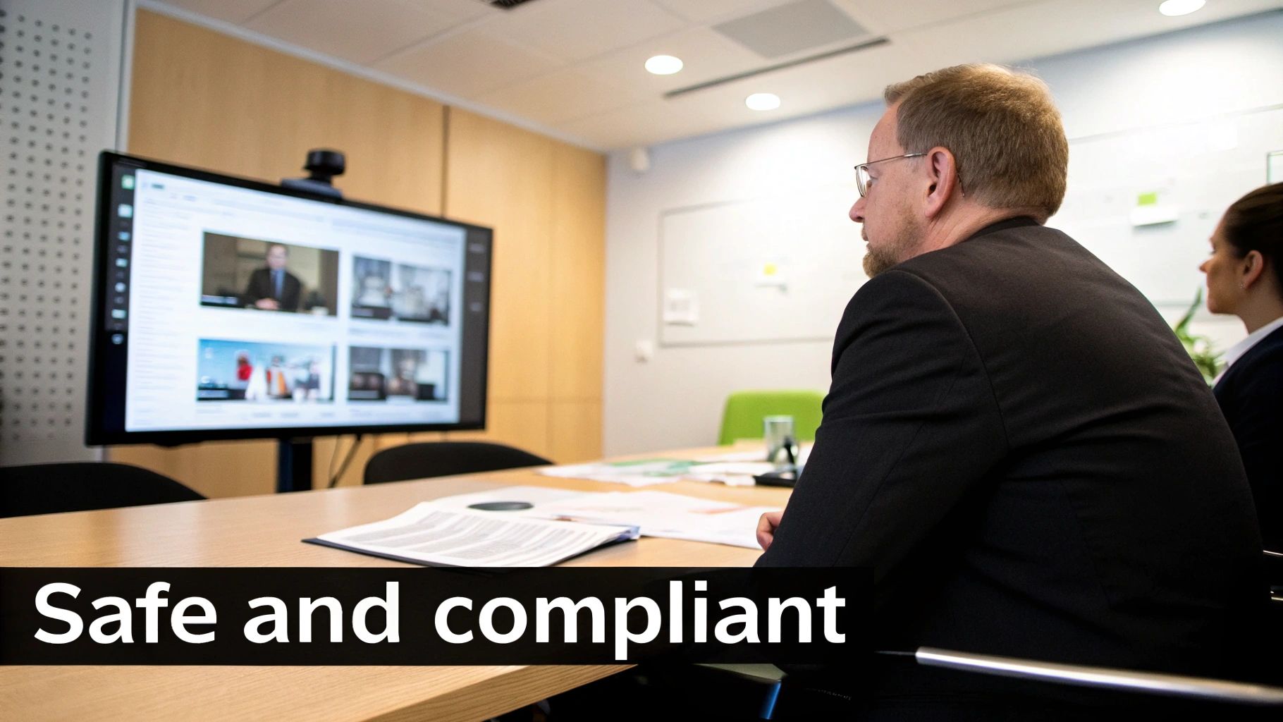 A man in a suit looks at a large screen displaying a video conference in a modern meeting room, emphasizing safety and compliance.
