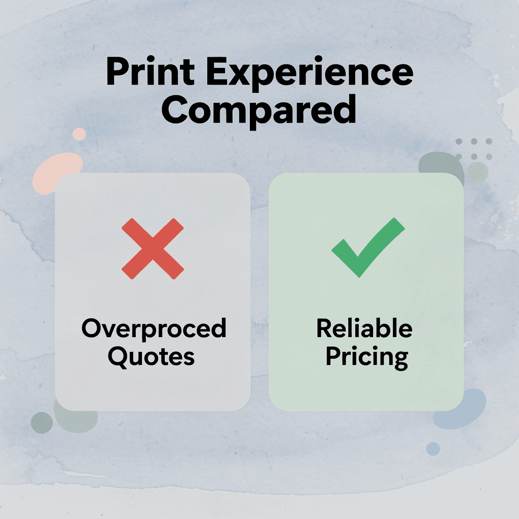 Before and after infographic comparing frustrating versus reliable print experiences