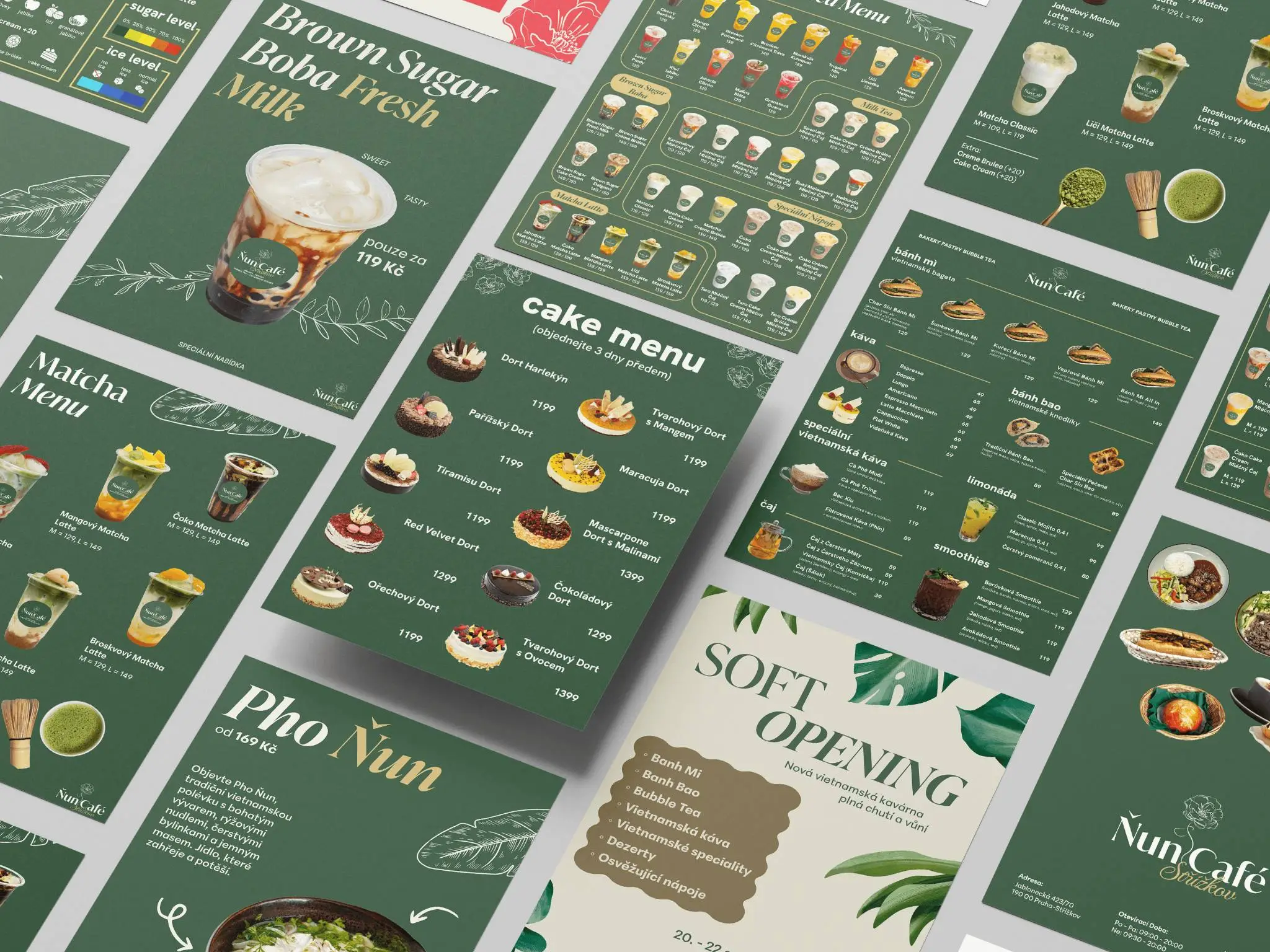 Tištěné menu Ňun Café: nápojový lístek, dezerty a nabídka Pho Ňun