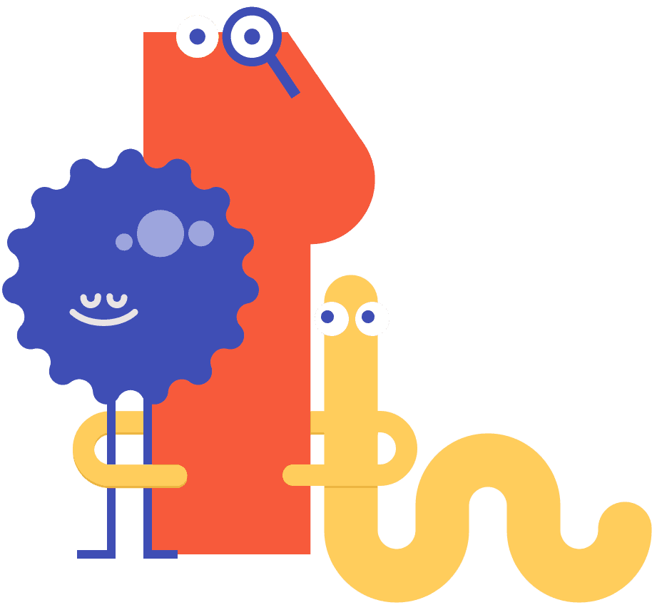 Illustation with 3 characters, each showcasing curiosity, purpose and collaboration