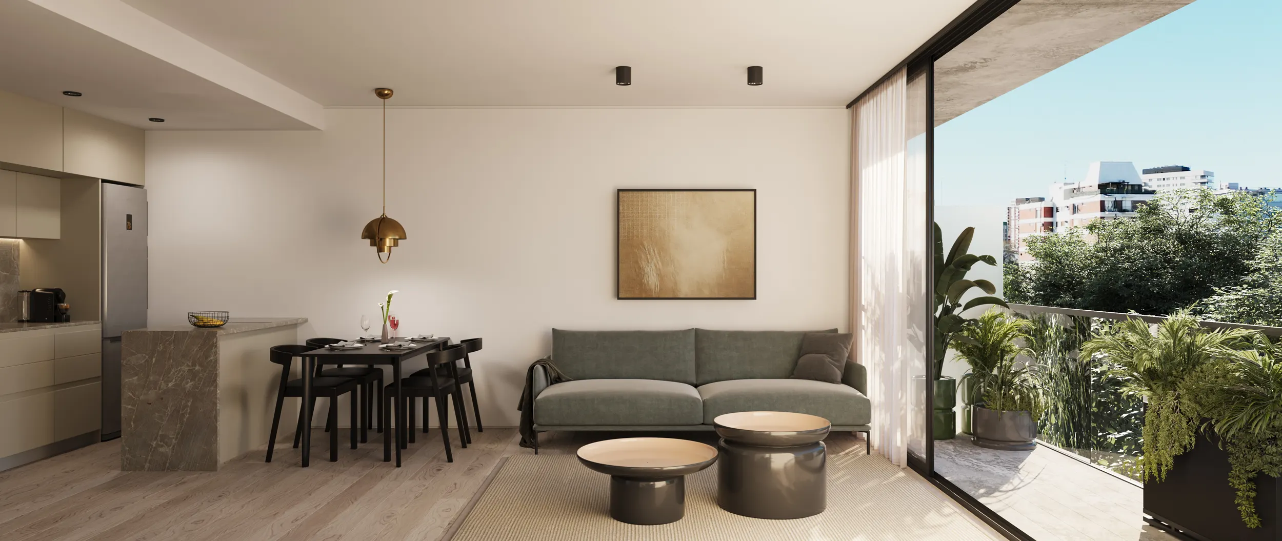 Interior de departamento con living, comedor, cocina integrada y acceso a terraza con vistas verdes
