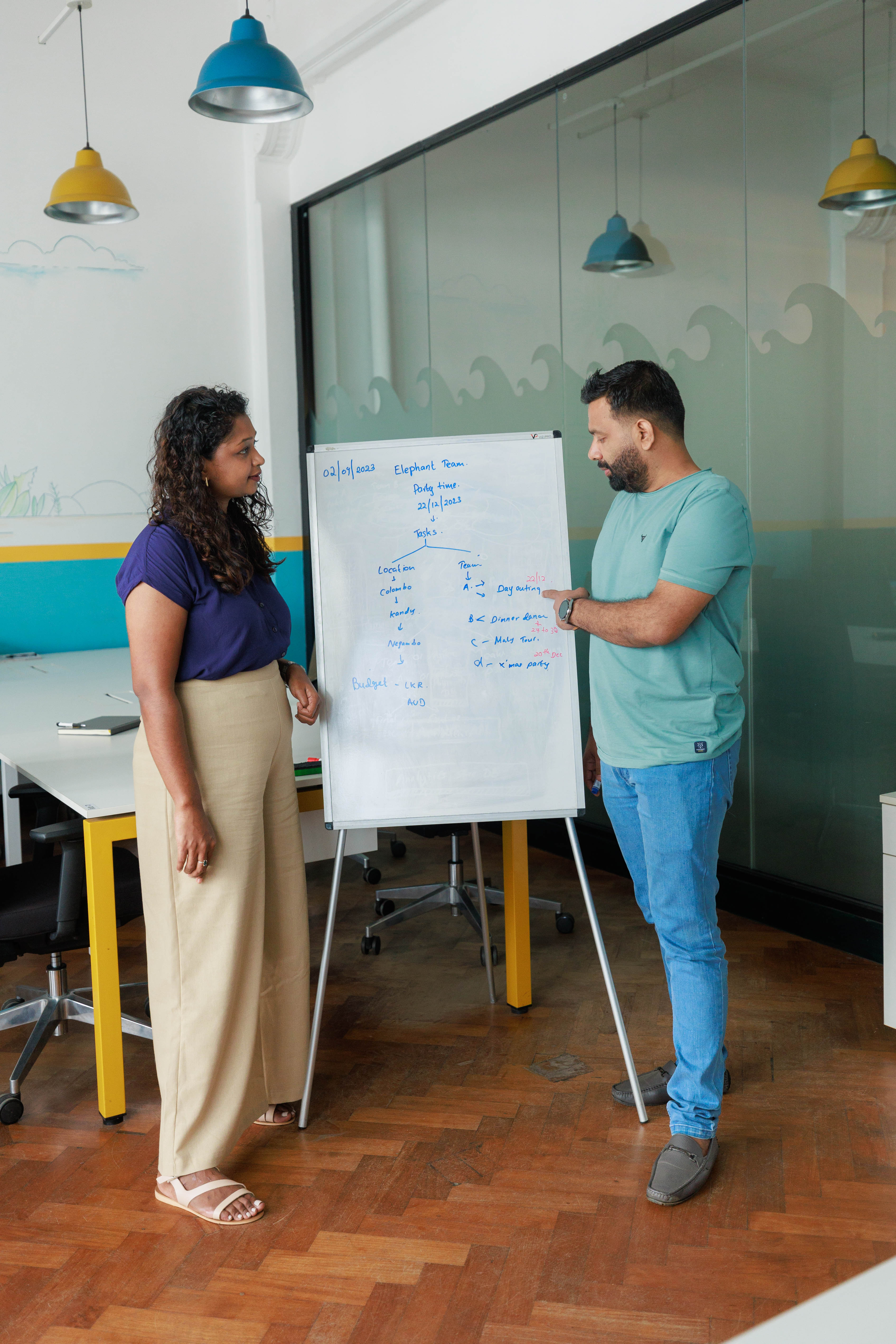 Two colleagues planning work at a whiteboard