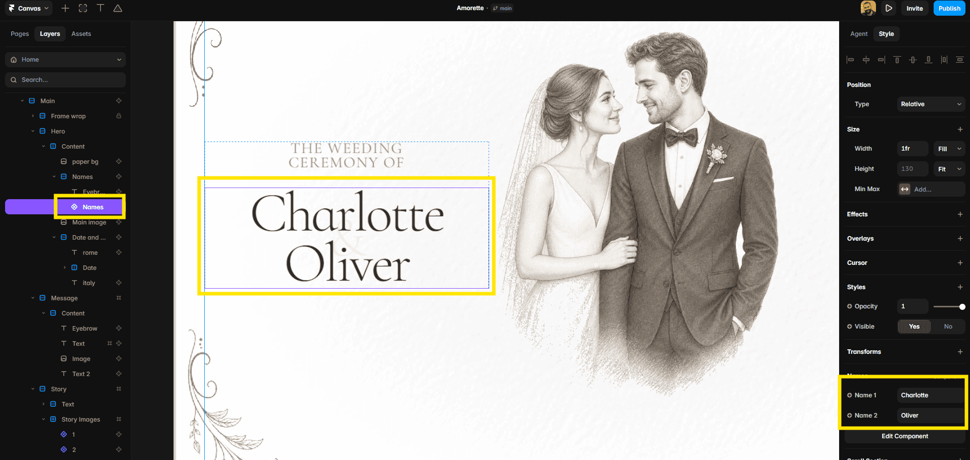 Changing the couple’s names in the Amorette Hero section