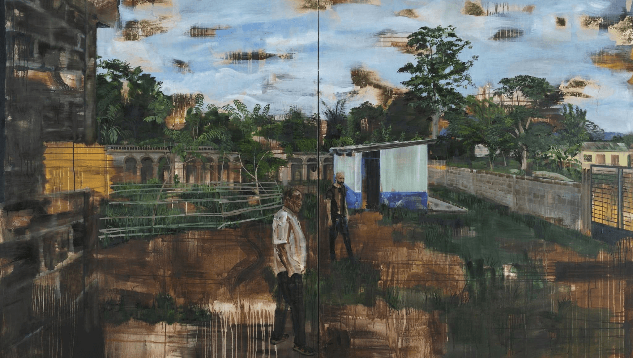 Emma Prempeh, One world for another, 2026. Oil, acrylic and schlag metal on canvas, diptych. Overall unframed: 200 × 300 cm. Photo: Nii-Odzenma. Courtesy the artist and Perrotin.