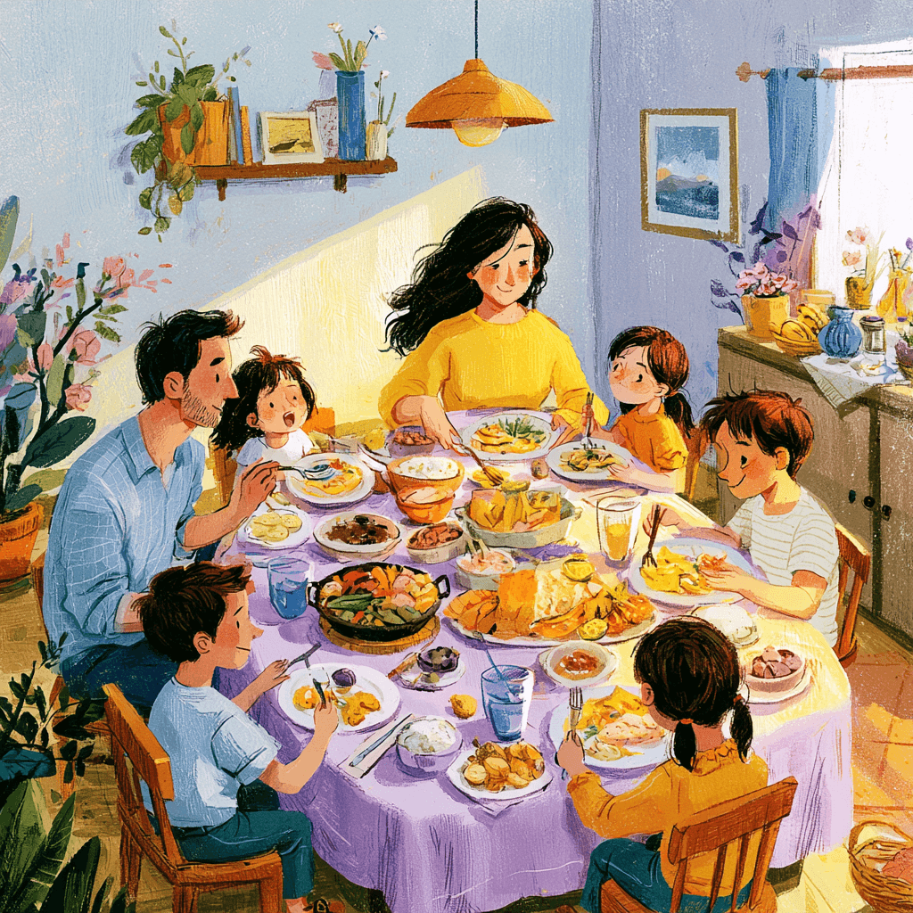 mom with family eating dinner together