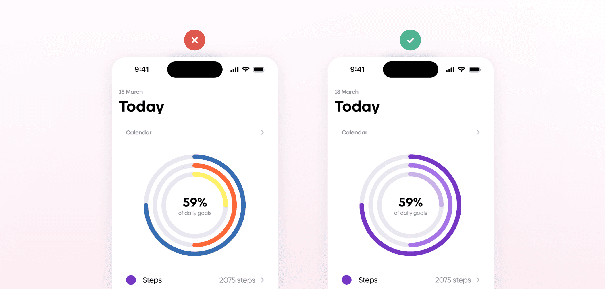 Image showing the difference when using colorful color palettes and context-aware colors.