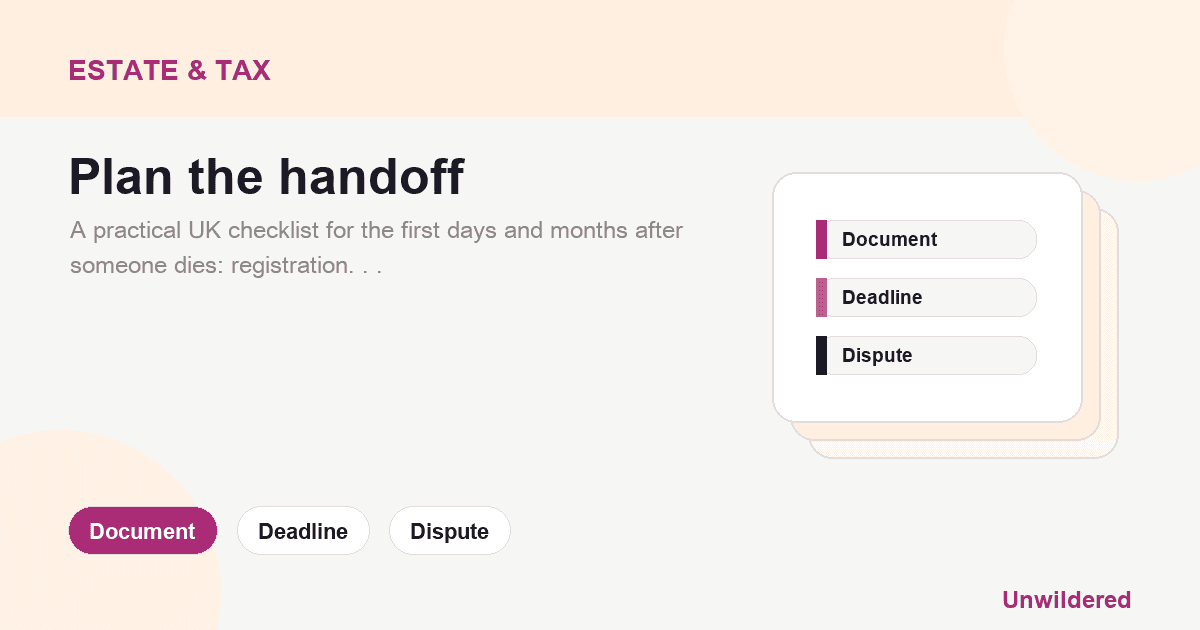 Explainer card for After A Death: Probate, Paperwork And Bereavement Admin Checklist: Document, Deadline, Dispute.