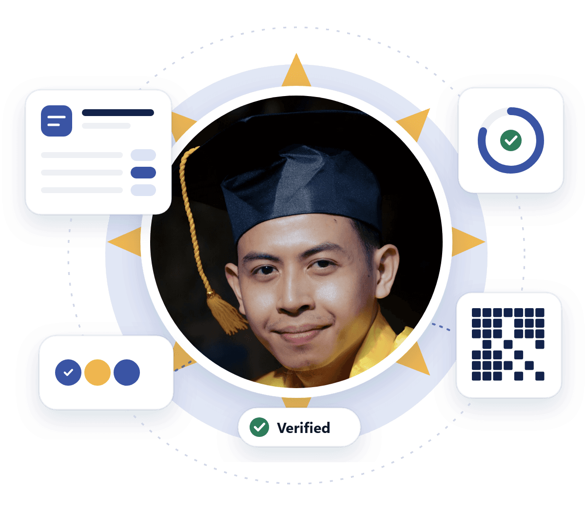 A smiling Filipino graduate in cap and sash inside a round frame with sun rays, with a Transcript of Records card, an OJT hours ring, badges and a QR code