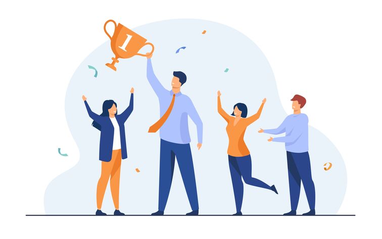 Best employee holding up his trophy
