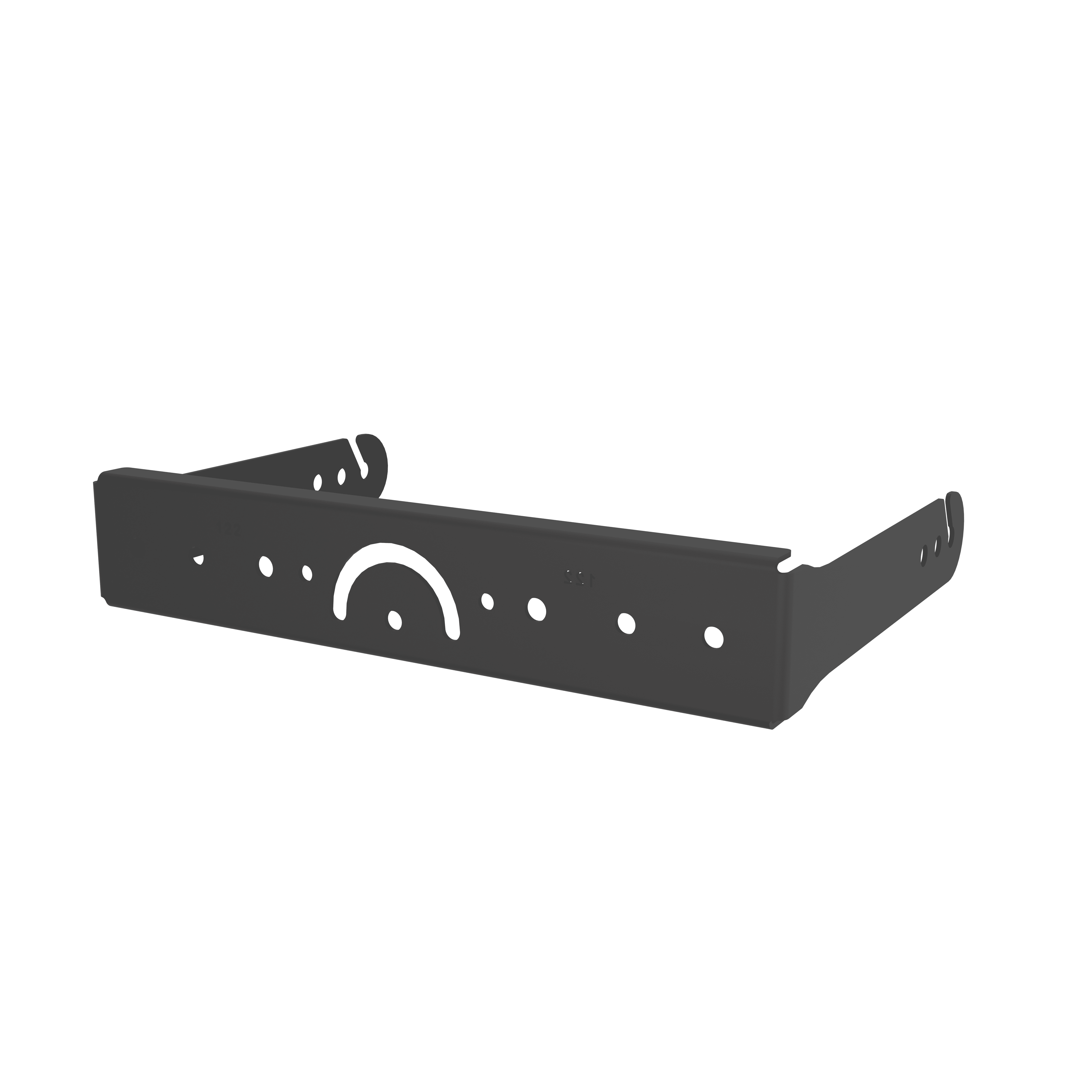 Black metal bracket with holes and semicircle cutout.