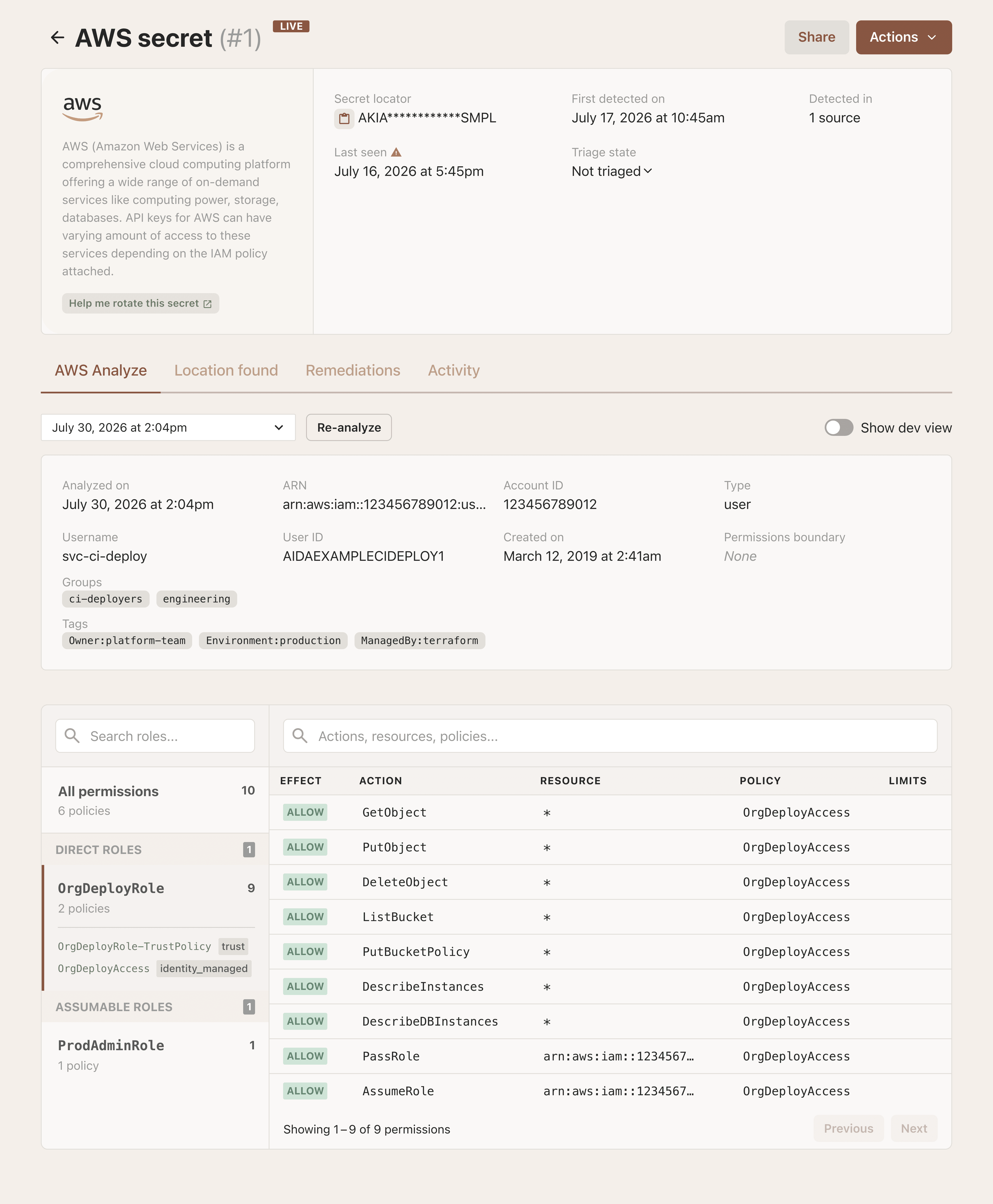 TruffleHog AWS Analyze with a directly assumable deploy role selected, listing its nine permissions across two policies.