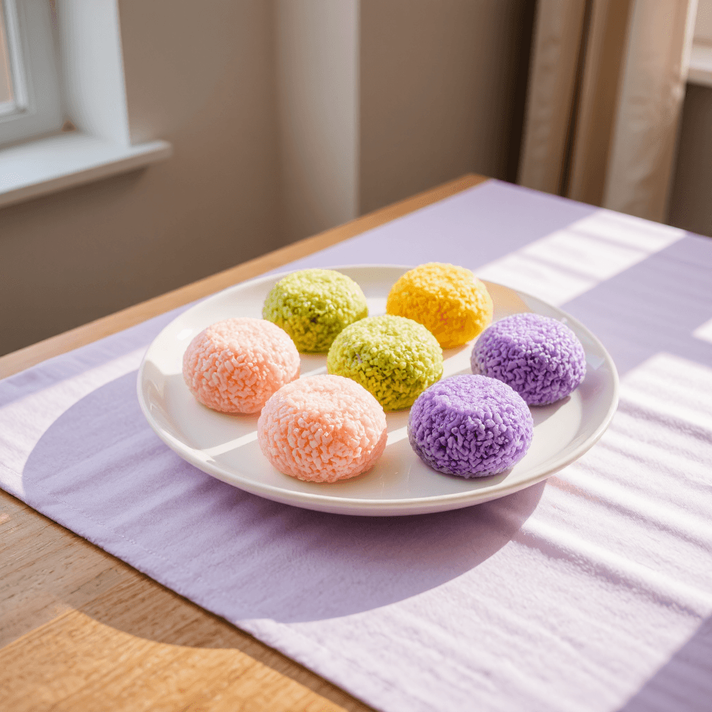 product photography of plate of colorful rice cakes