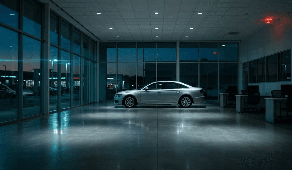 Empty dealership showroom with no salespeople present — represents missed walk-ins and lack of second-touch follow-up on internet leads.