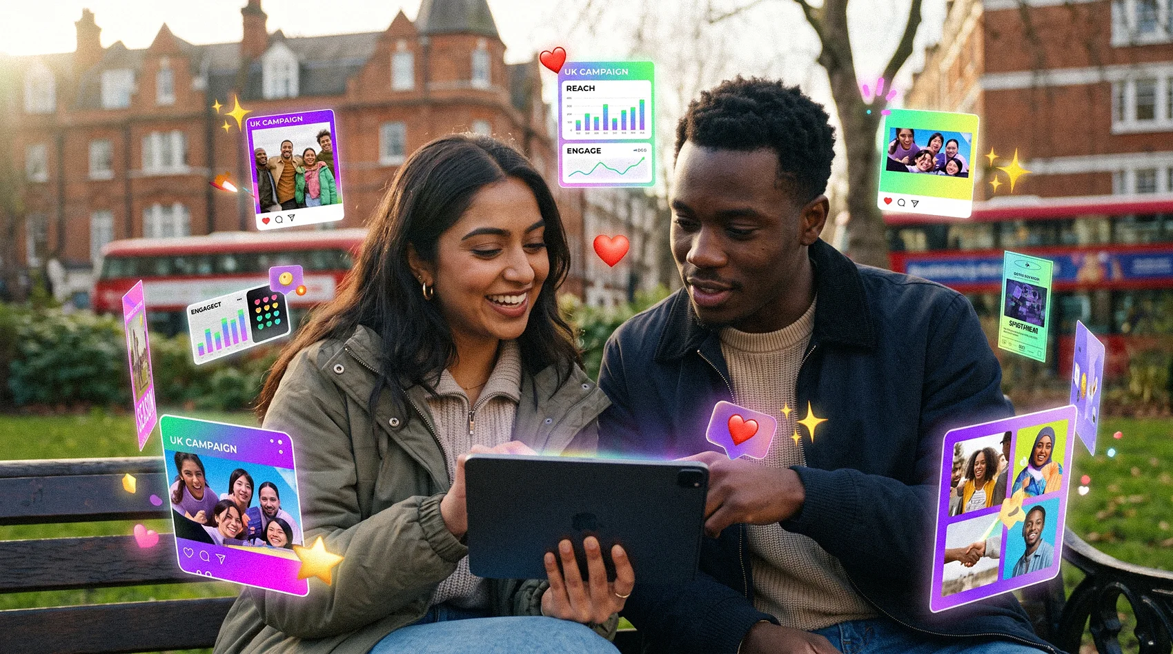 Young South Asian woman and Black man smiling looking at tablet on London bench with floating UK Campaign analytics cards