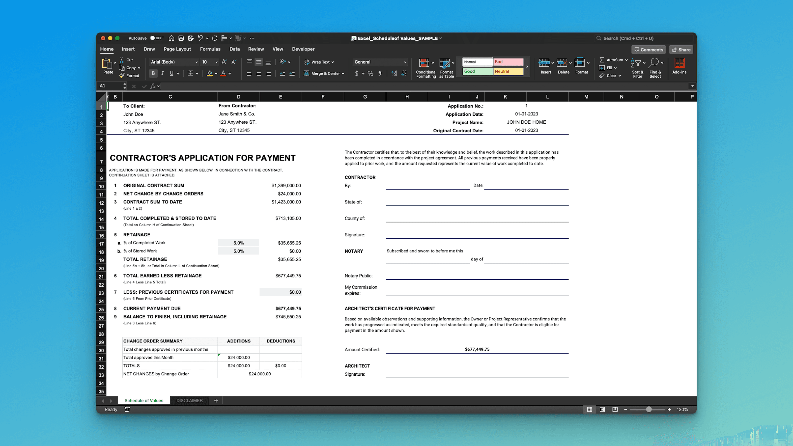 Construction Schedule of Values summary page in Google Sheets – project overview, performance summary, bid vs actual totals, profit margin, and detailed division variance table