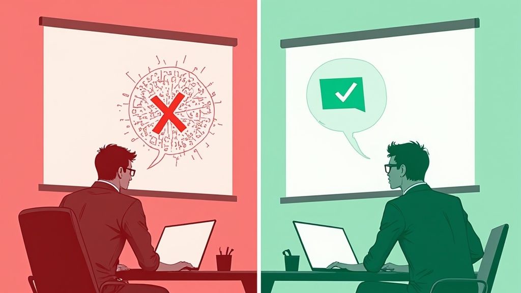 Split screen illustration showing poor versus effective communication in developer workplace presentations