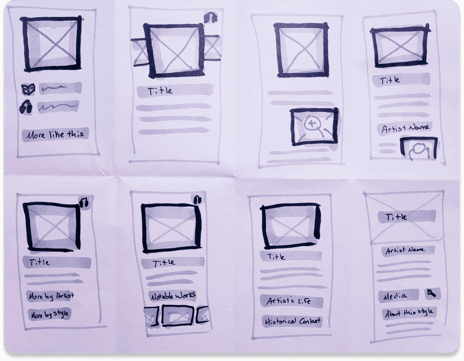 A 'crazy eights' sketch page. Different ideas were tried out in designing on of the app screens. Designs are done in black and grey marker. There is a light purple tint to the image.