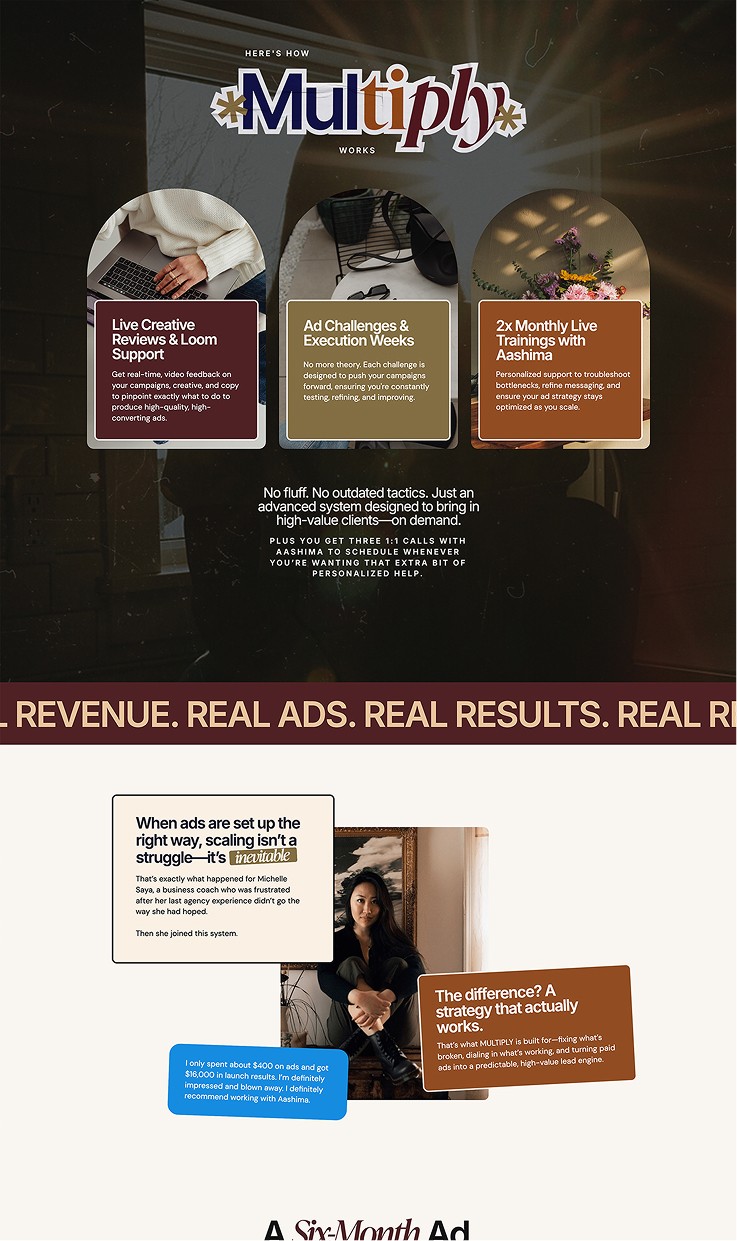 Showit sales page for Aashima Verma's Multiply