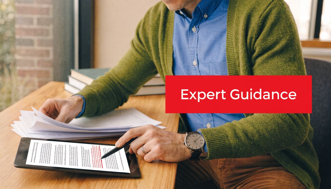 A professional man reviewing legal documents on a tablet screen for expert guidance and legal assistance.