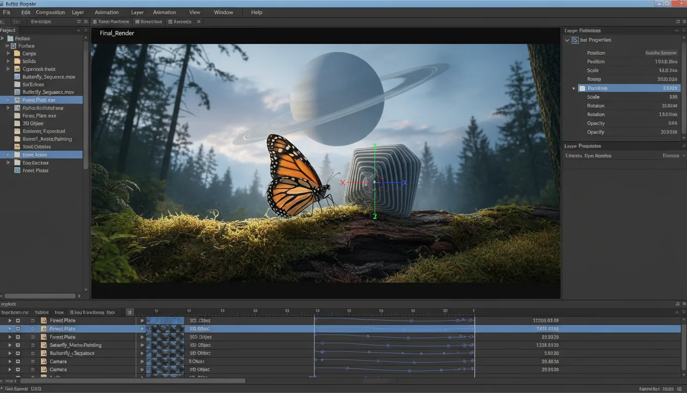 A clean screenshot of the Adobe After Effects software UI, presented in a Modern Dark Mode style with muted blue accent colors. The interface shows a complex visual effects project with a multi-panel layout. On the left is the project panel with abstracted file names and folder structures. In the center is the main composition window, displaying a surreal 3D scene: a photorealistic monarch butterfly and a corrugated 3D object with a red-green-blue axis manipulator are composited onto a forest floor background, with the planet Saturn floating in the sky. The right panel shows placeholder data for layer properties, and the bottom panel features a detailed timeline with multiple layers and keyframe markers.