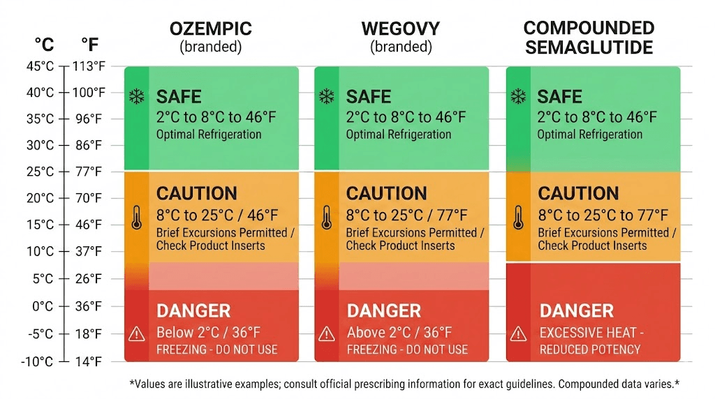 Semaglutide temperature thresholds comparison chart for Ozempic Wegovy and compounded formulations