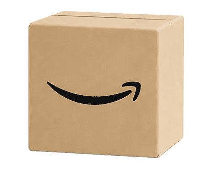 Amazon-branded cardboard shipping box placed in front of the laptop.