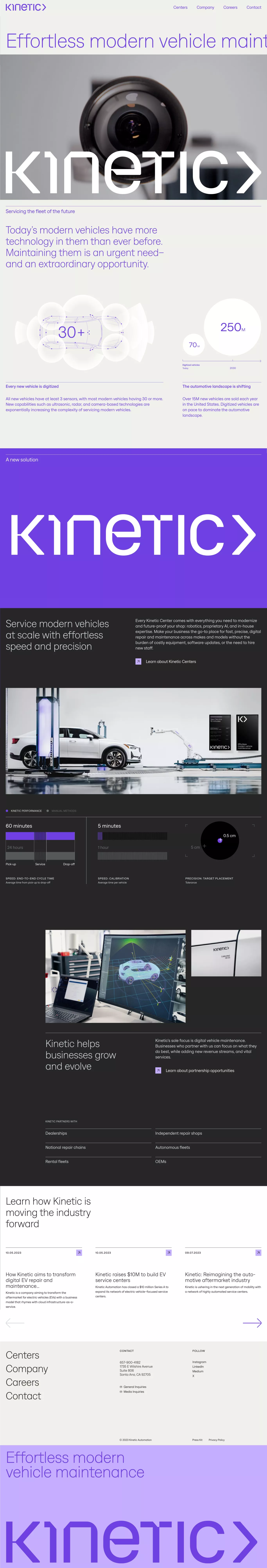 Kinetic landing page screenshot showcasing Tech and Automotive design