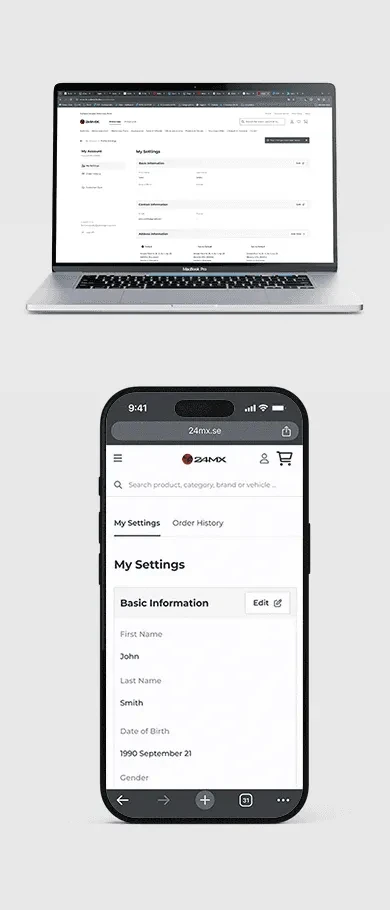 24MX account settings on a phone with horizontally scrollable tabs