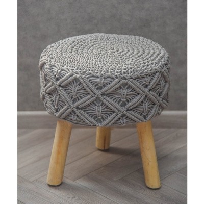 Handcrafted grey macrame stool with wooden legs