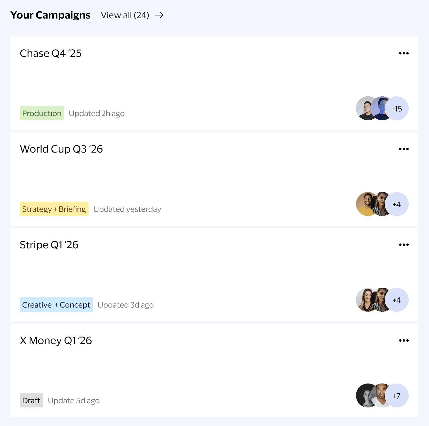 Screenshot from the dashboard, showcasing the module listing the user's latest campaigns.