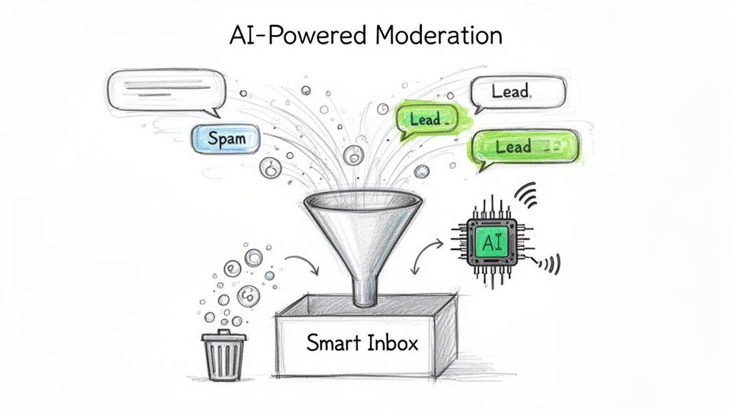 Diagram showing AI-powered moderation, filtering messages into a smart inbox or trash can.