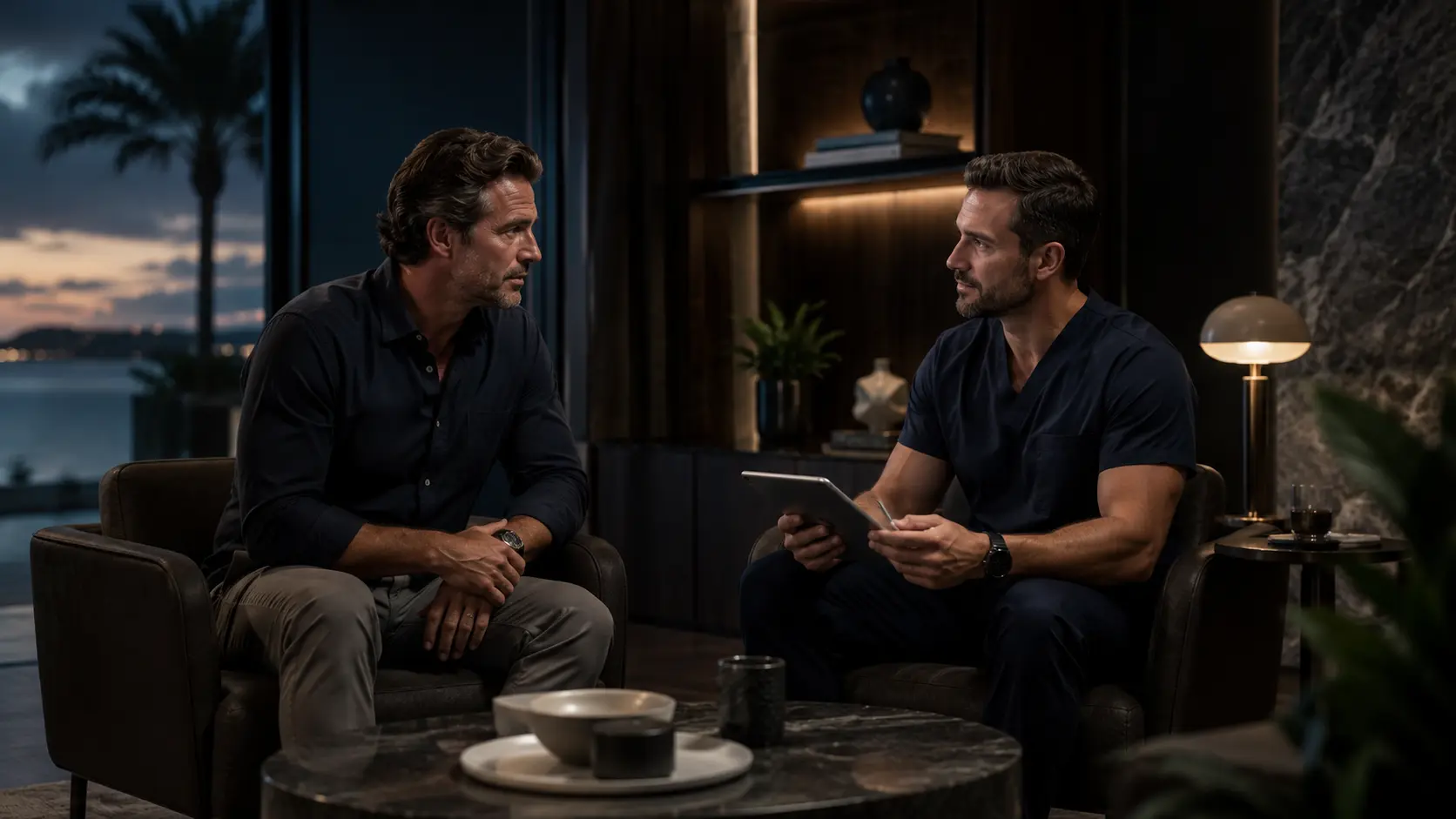 Two men in conversation in a dark lounge with a waterfront view