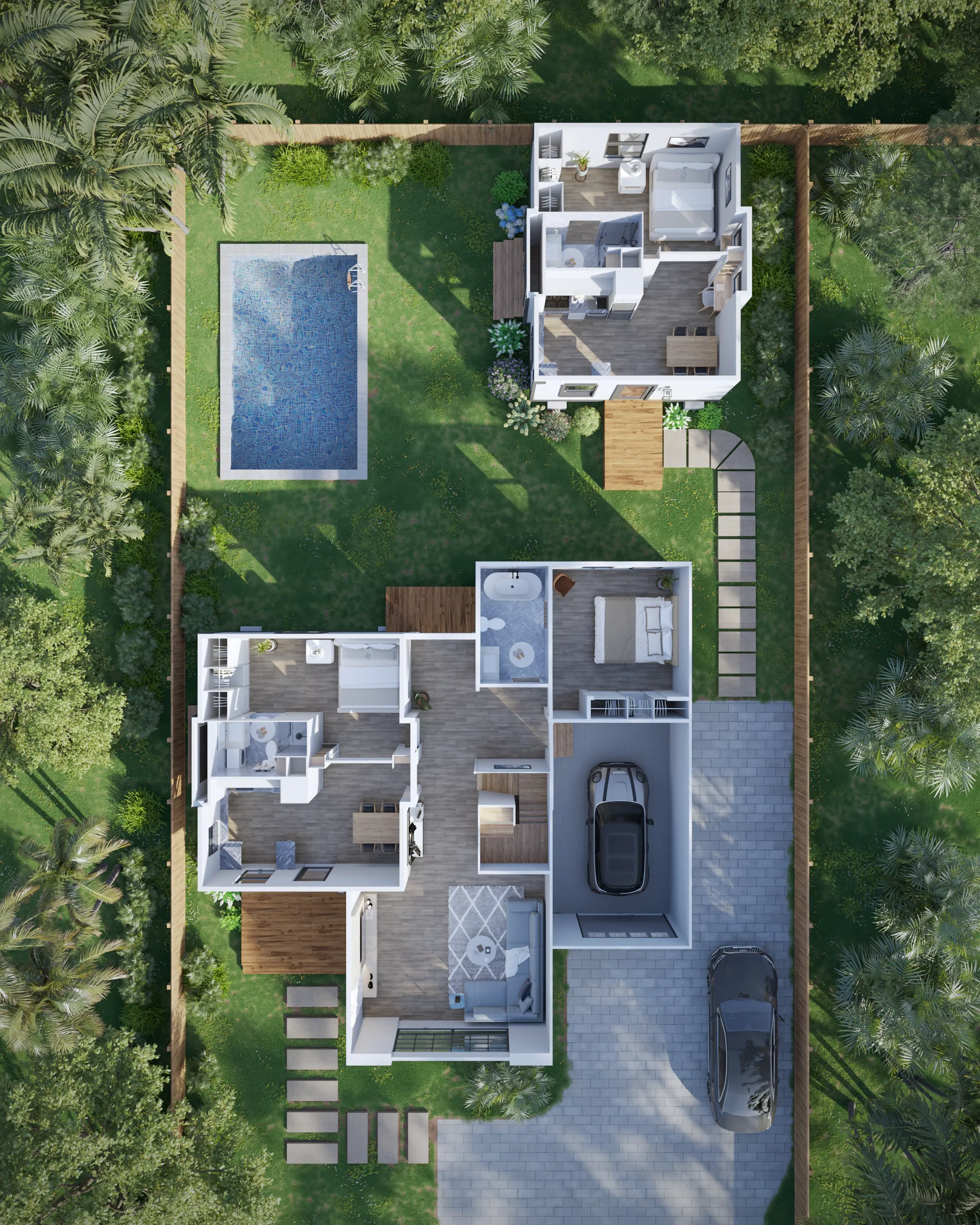 Aerial view of expanded Mesocore home with ADU and landscaped lot