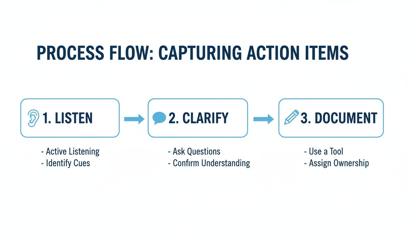 A process flow diagram illustrating three steps for capturing action items: Listen, Clarify, and Document.