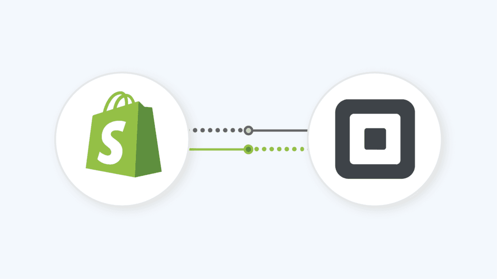 Logos von Shopify und Square, verbunden durch eine Integrationslinie