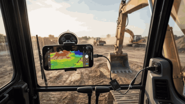 Concept rendering of a phone mounted inside an excavator windshield, cabled to the cab’s data port