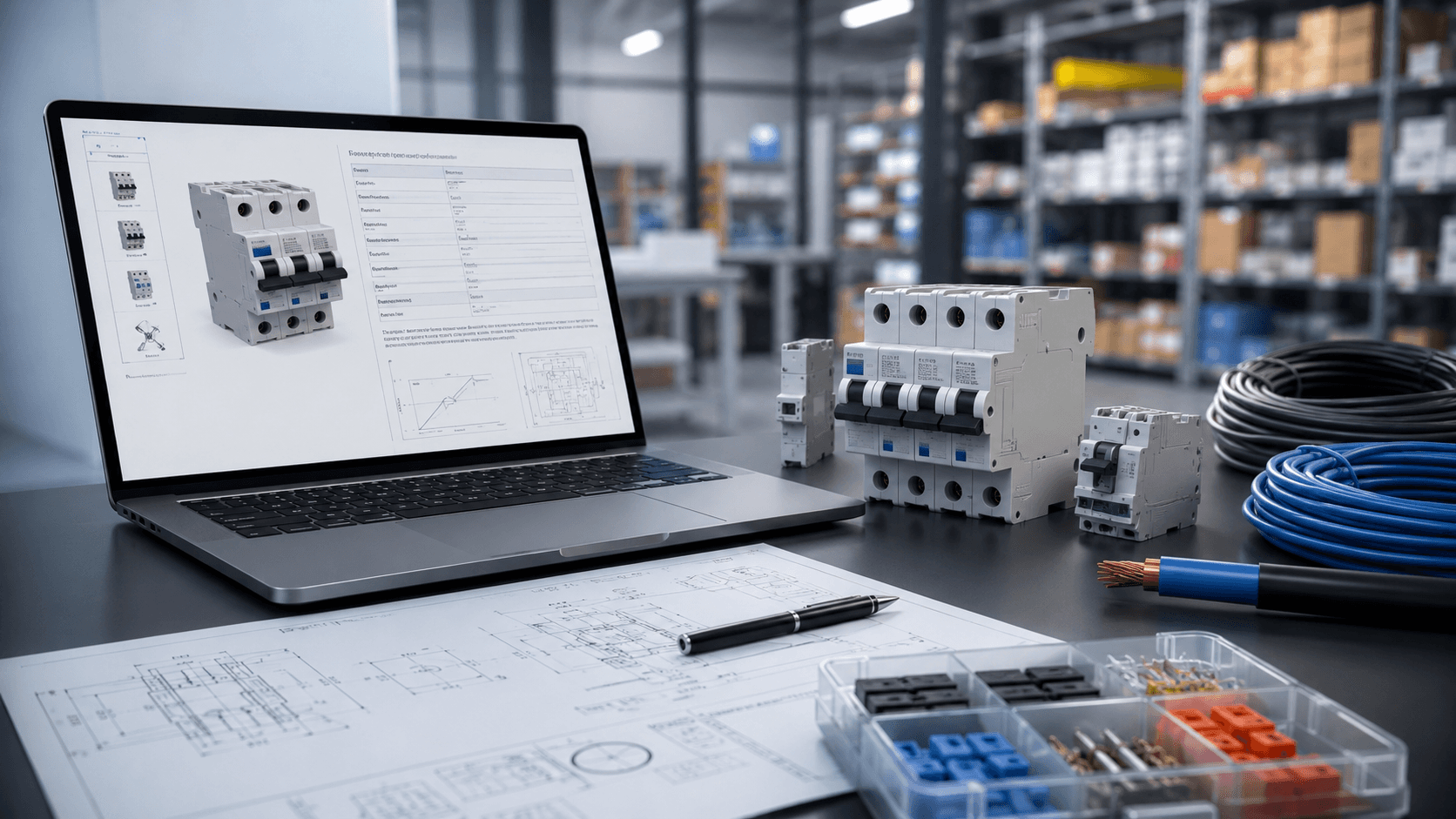 Renderização 3D realista em formato 16:9 de uma estação de trabalho técnica para vendas de material elétrico. Sobre uma bancada industrial, há um notebook exibindo a página de um produto elétrico com imagem, especificações técnicas e diagramas. Ao lado, aparecem disjuntores, componentes elétricos, cabos organizados, conectores e folhas com desenhos técnicos. Ao fundo, prateleiras de estoque em um ambiente de distribuição ou armazém estão desfocadas. A cena transmite análise técnica de produtos, consulta de especificações e tomada de decisão de compra baseada em informações detalhadas, sem presença de pessoas ou textos legíveis.